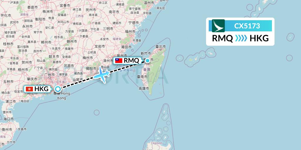CX5173 Cathay Pacific Flight Map: Taichung to Hong Kong