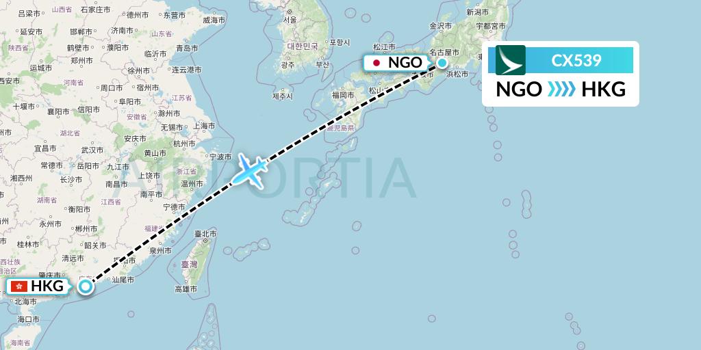 CX539 Cathay Pacific Flight Map: Nagoya to Hong Kong