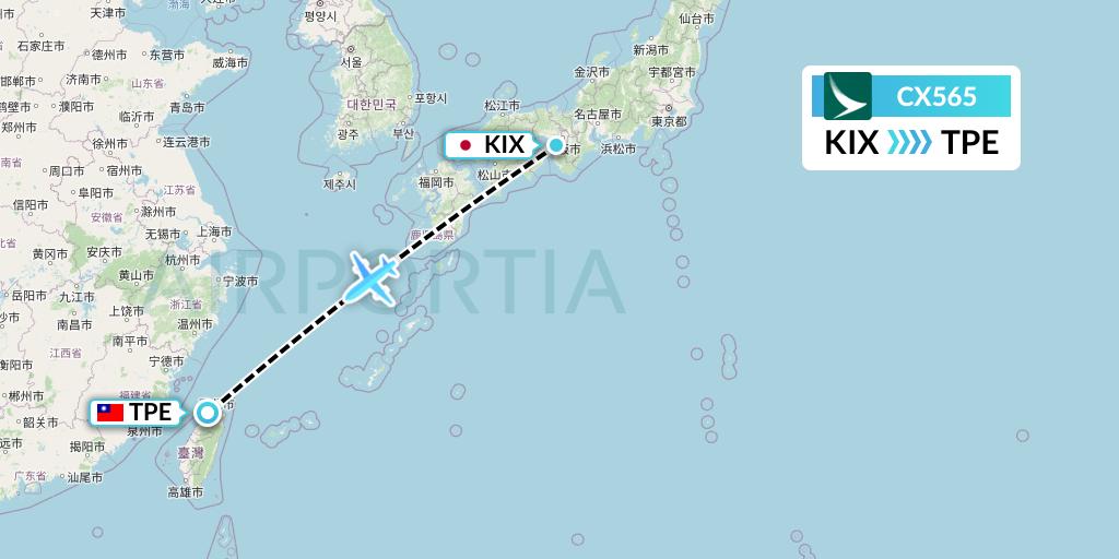 CX565 Cathay Pacific Flight Map: Osaka to Taipei
