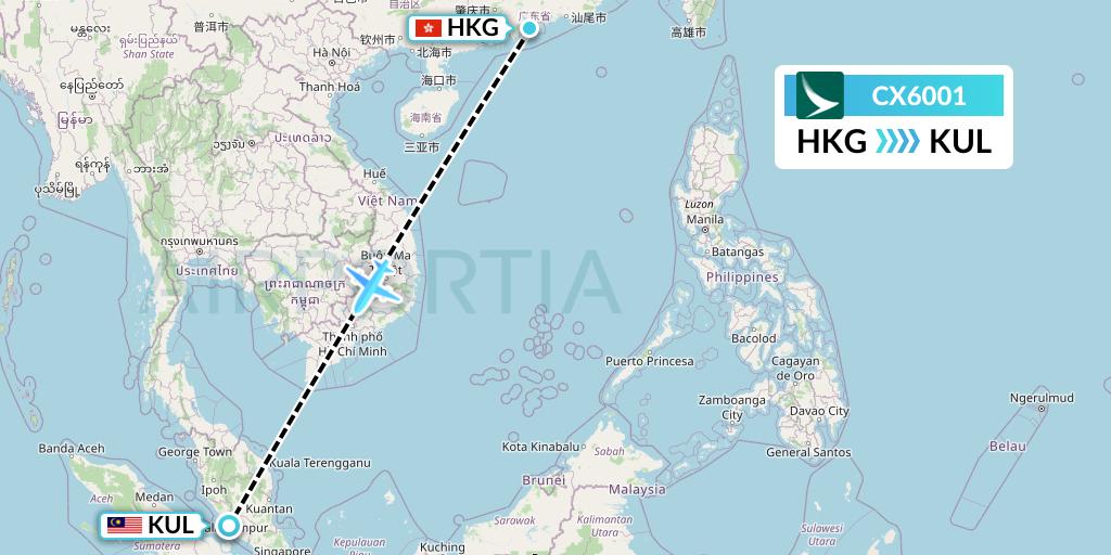 CX6001 Cathay Pacific Flight Map: Hong Kong to Kuala Lumpur