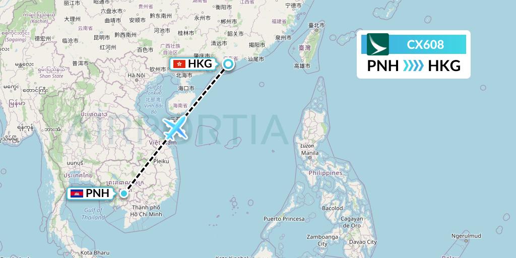 CX608 Cathay Pacific Flight Map: Phnom Penh to Hong Kong