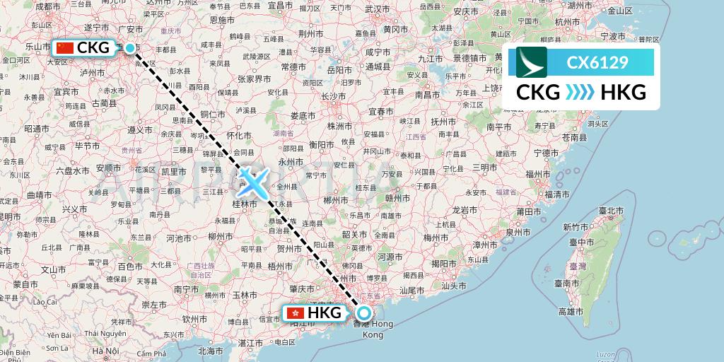CX6129 Cathay Pacific Flight Map: Chongqing to Hong Kong