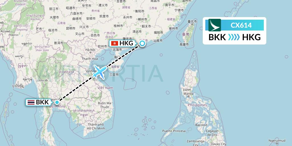 CX614 Cathay Pacific Flight Map: Bangkok to Hong Kong
