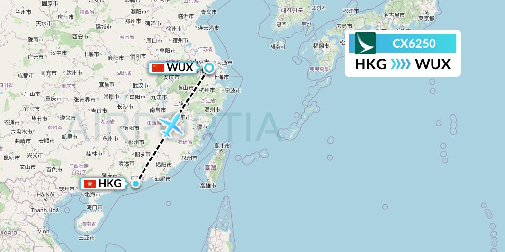 CX6250 Cathay Pacific Flight Map: Hong Kong to Wuxi