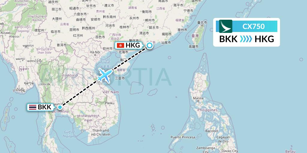 CX750 Cathay Pacific Flight Map: Bangkok to Hong Kong