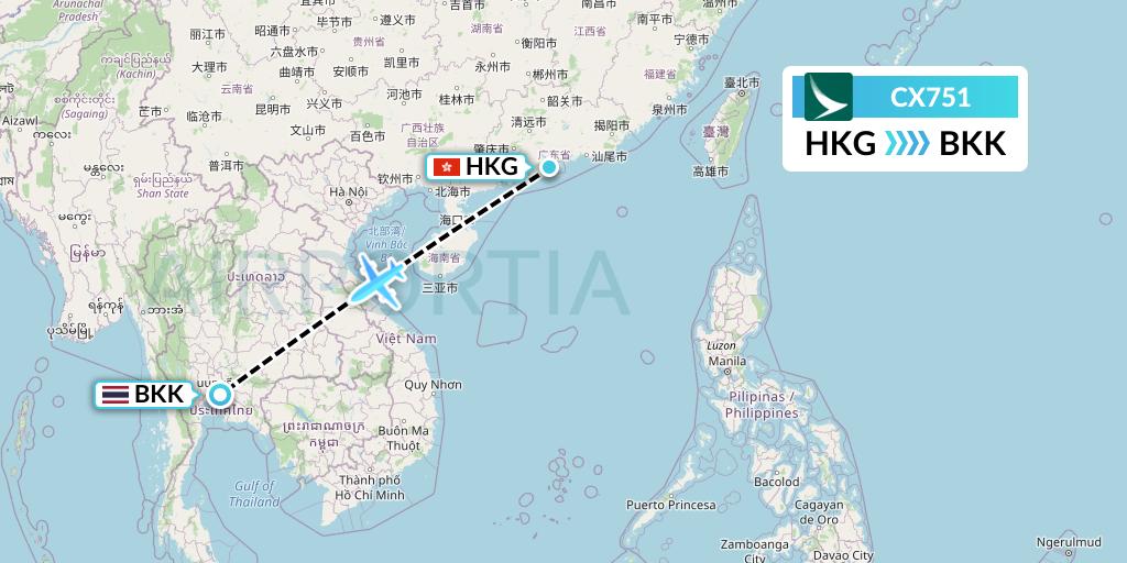CX751 Cathay Pacific Flight Map: Hong Kong to Bangkok
