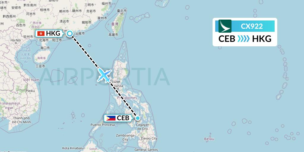 CX922 Cathay Pacific Flight Map: Cebu to Hong Kong