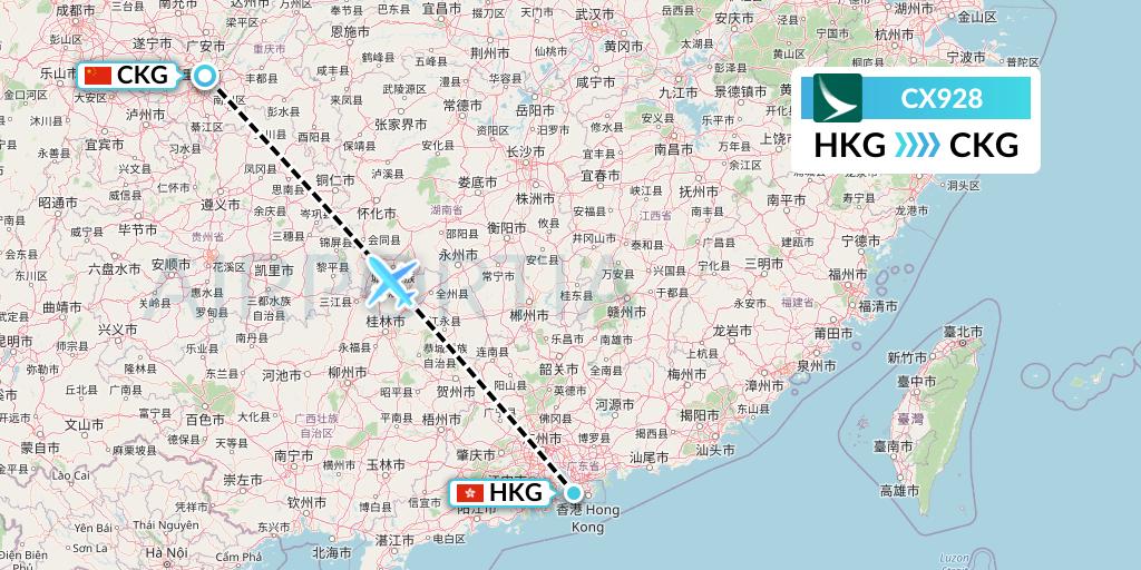 CX928 Cathay Pacific Flight Map: Hong Kong to Chongqing
