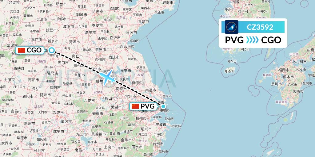 CZ3592 China Southern Airlines Flight Map: Shanghai to Zhengzhou