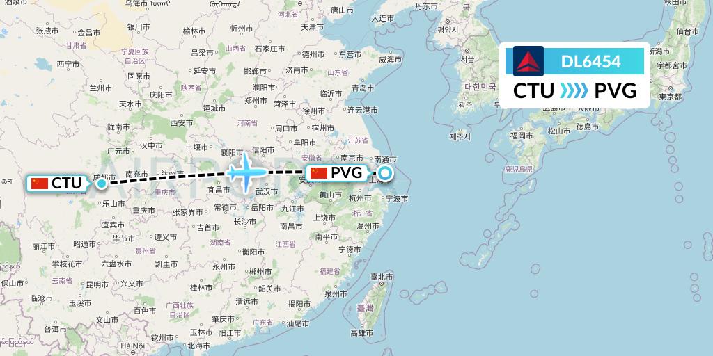 DL6454 Delta Air Lines Flight Map: Chengdu to Shanghai