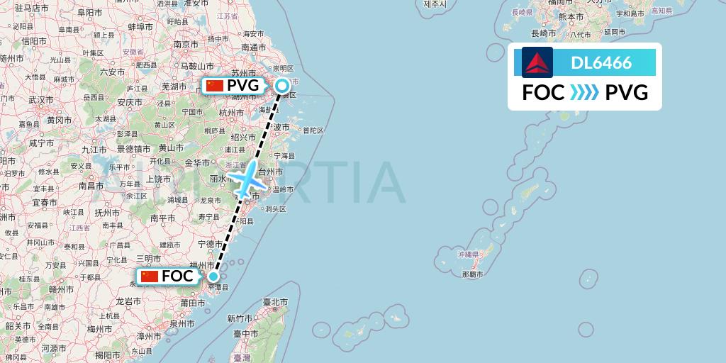 DL6466 Delta Air Lines Flight Map: Fuzhou to Shanghai
