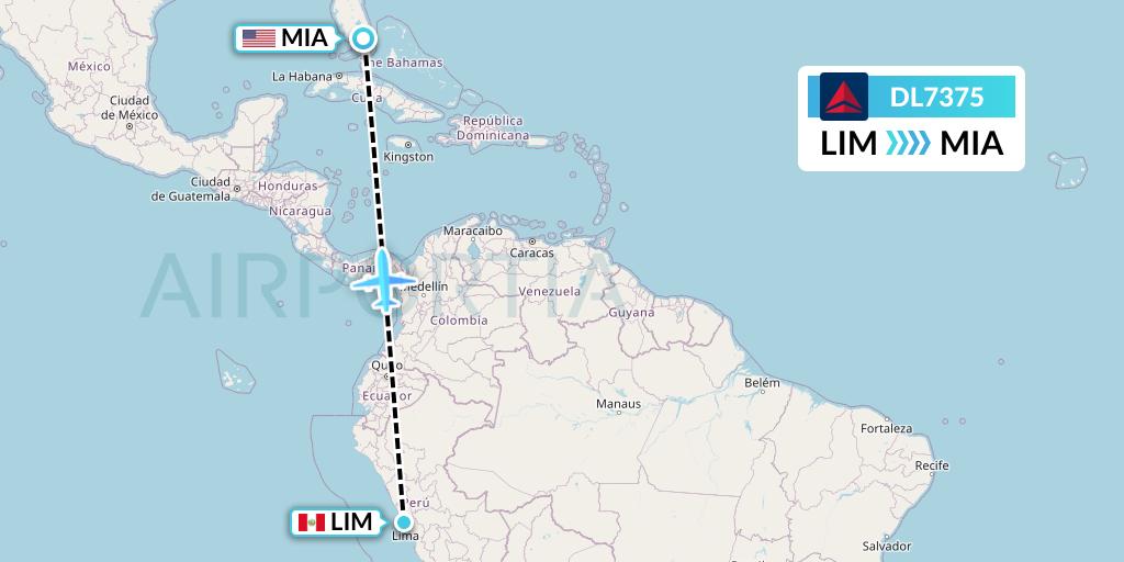 DL7375 Delta Air Lines Flight Map: Lima to Miami