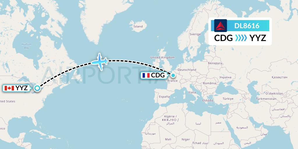 DL8616 Delta Air Lines Flight Map: Paris to Toronto