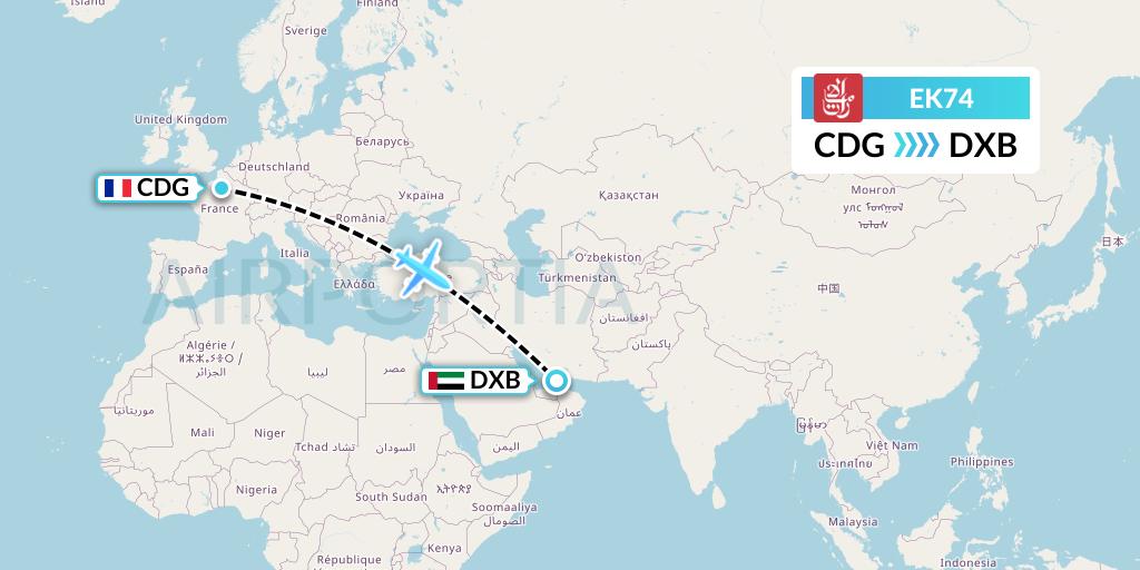 EK74 Emirates Flight Map: Paris to Dubai