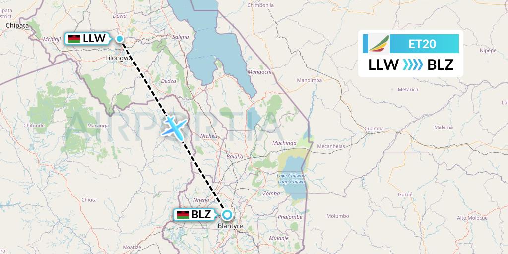 ET20 Ethiopian Airlines Flight Map: Lilongwe to Blantyre