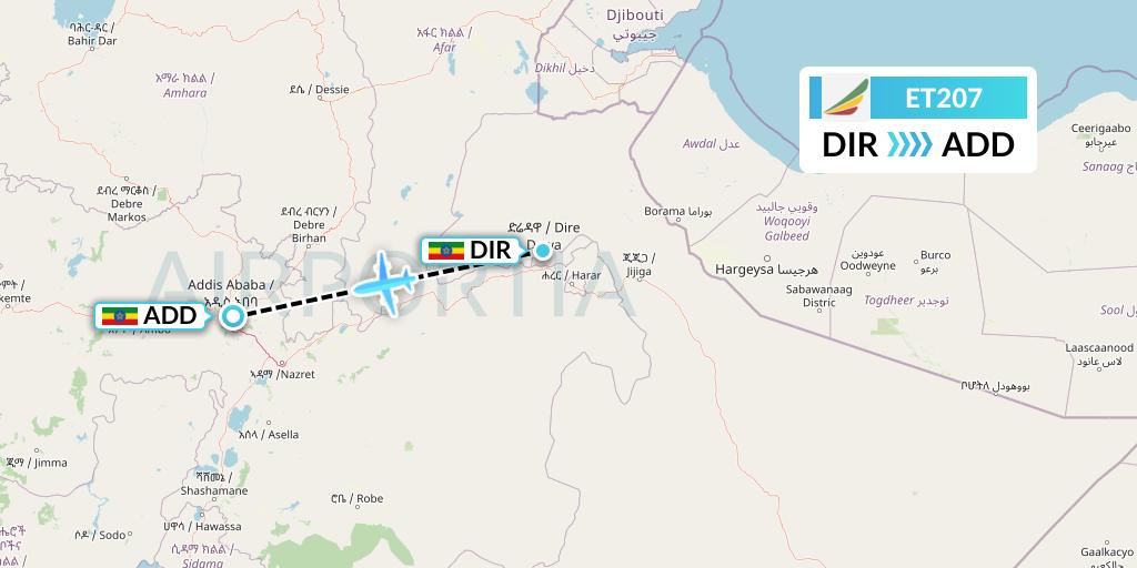 ET207 Ethiopian Airlines Flight Map: Dire Dawa to Addis Ababa
