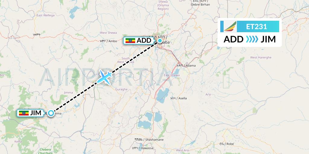 ET231 Ethiopian Airlines Flight Map: Addis Ababa to Jimma