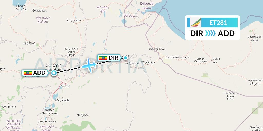 ET281 Ethiopian Airlines Flight Map: Dire Dawa to Addis Ababa