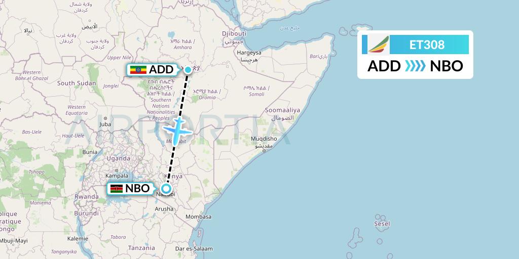 ET308 Ethiopian Airlines Flight Map: Addis Ababa to Nairobi