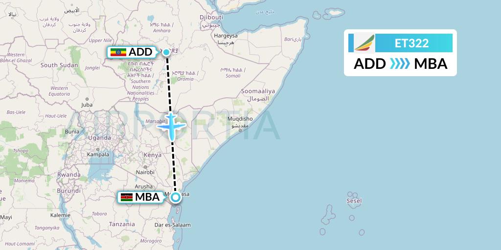 ET322 Ethiopian Airlines Flight Map: Addis Ababa to Mombasa