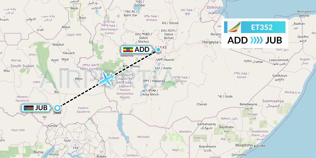 ET352 Ethiopian Airlines Flight Map: Addis Ababa to Juba