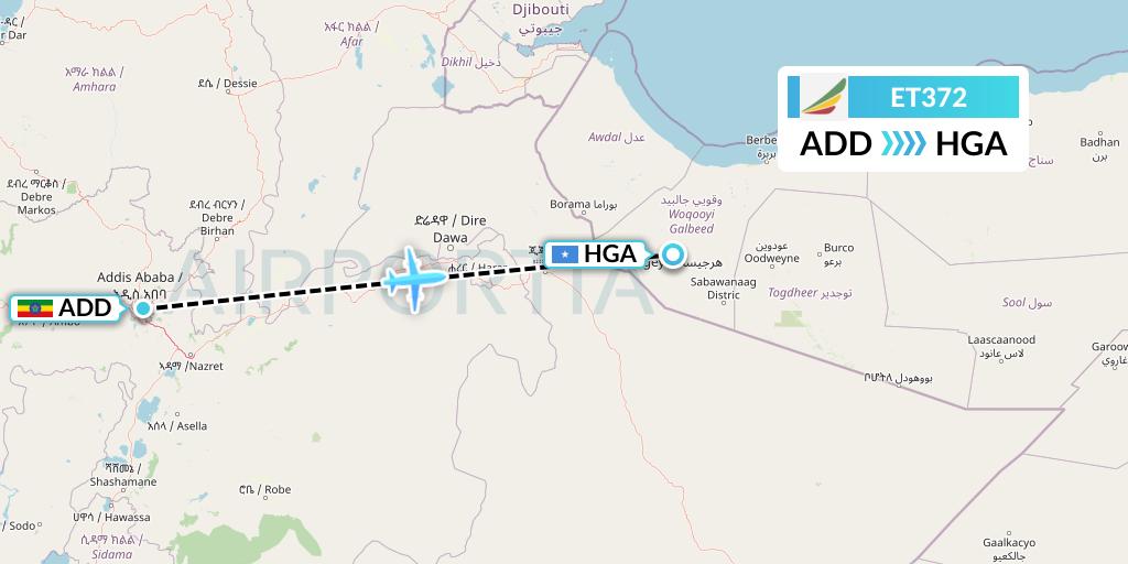 ET372 Ethiopian Airlines Flight Map: Addis Ababa to Hargeisa