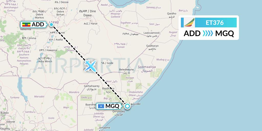 ET376 Ethiopian Airlines Flight Map: Addis Ababa to Mogadishu