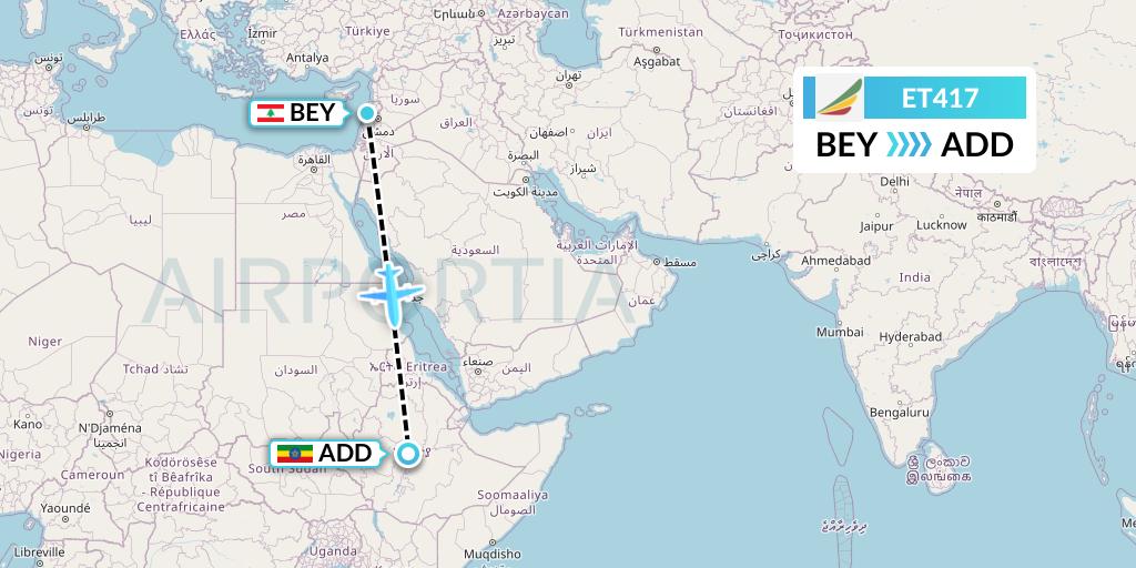 ET417 Ethiopian Airlines Flight Map: Beirut to Addis Ababa