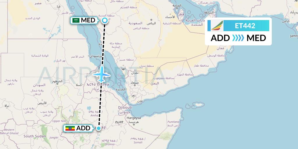 ET442 Ethiopian Airlines Flight Map: Addis Ababa to Medina