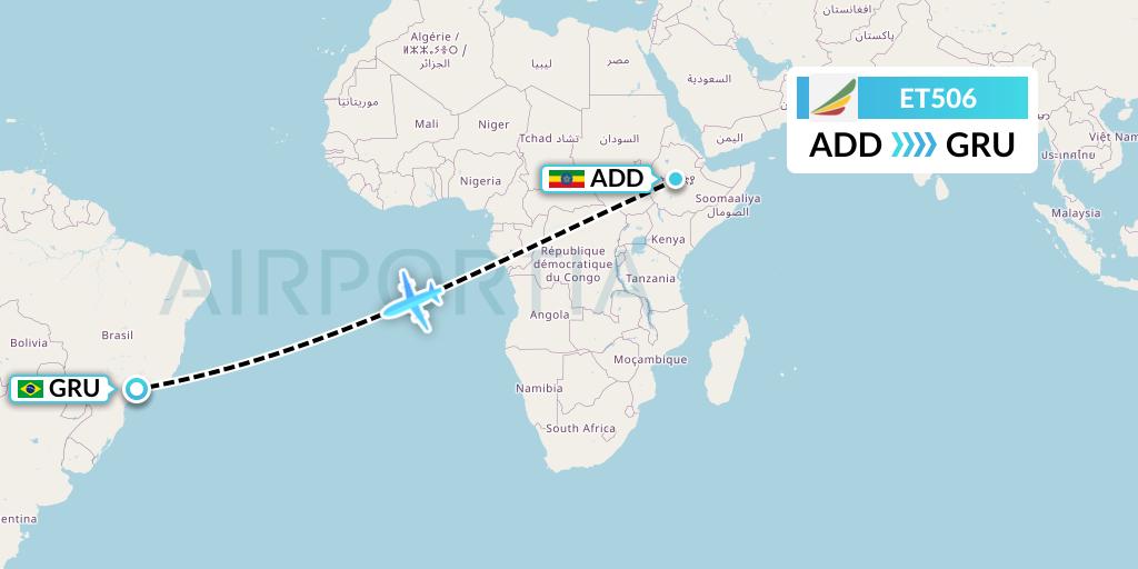 ET506 Ethiopian Airlines Flight Map: Addis Ababa to Sao Paulo