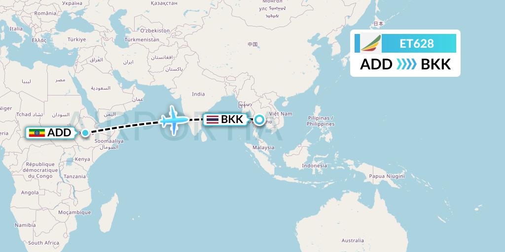 ET628 Ethiopian Airlines Flight Map: Addis Ababa to Bangkok