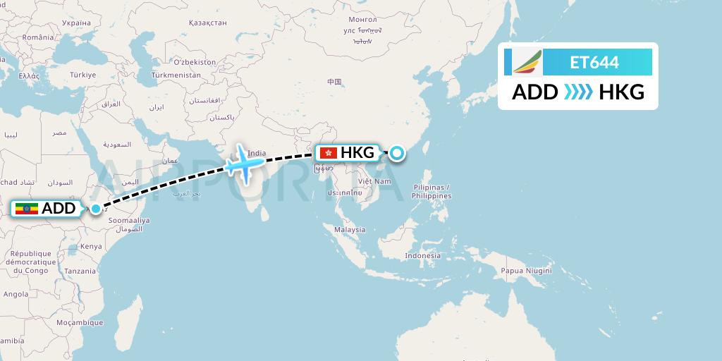 ET644 Ethiopian Airlines Flight Map: Addis Ababa to Hong Kong