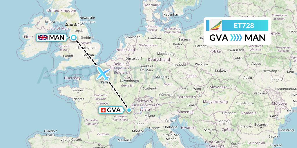 ET728 Ethiopian Airlines Flight Map: Geneva to Manchester