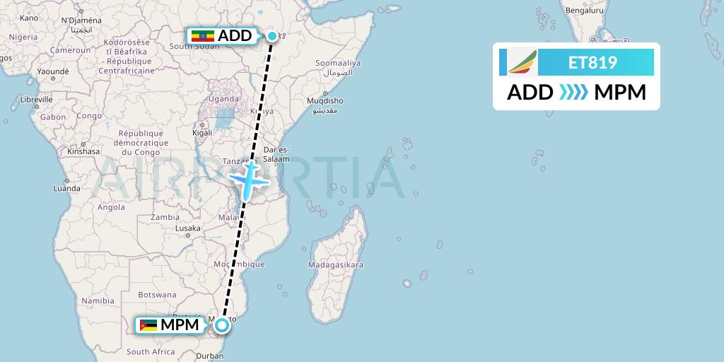 ET819 Ethiopian Airlines Flight Map: Addis Ababa to Maputo