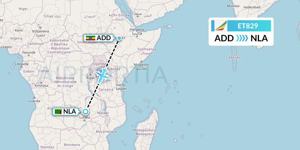 ET829 Ethiopian Airlines Flight Map: Addis Ababa to Ndola