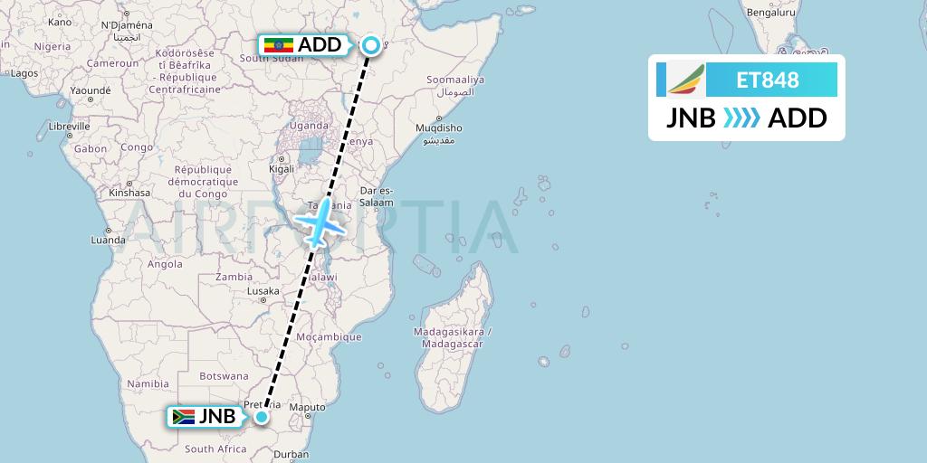 ET848 Ethiopian Airlines Flight Map: Johannesburg to Addis Ababa