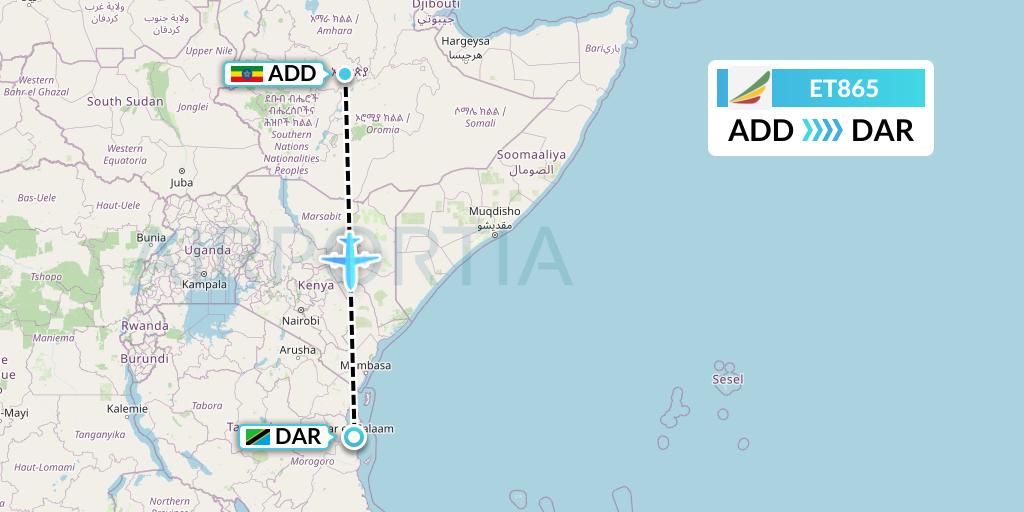 ET865 Ethiopian Airlines Flight Map: Addis Ababa to Dar-es-Salaam