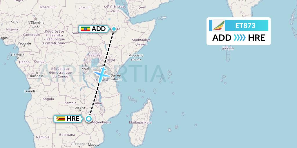 ET873 Ethiopian Airlines Flight Map: Addis Ababa to Harare
