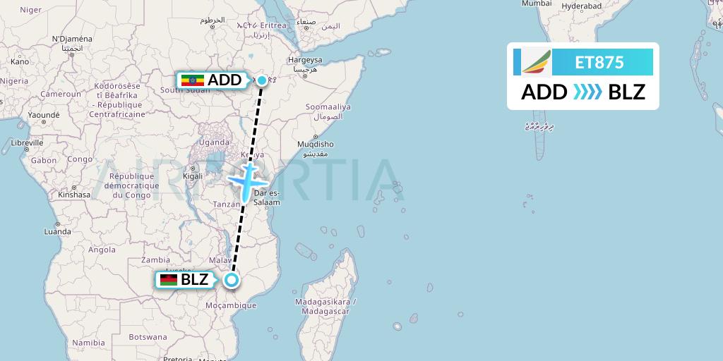 ET875 Ethiopian Airlines Flight Map: Addis Ababa to Blantyre