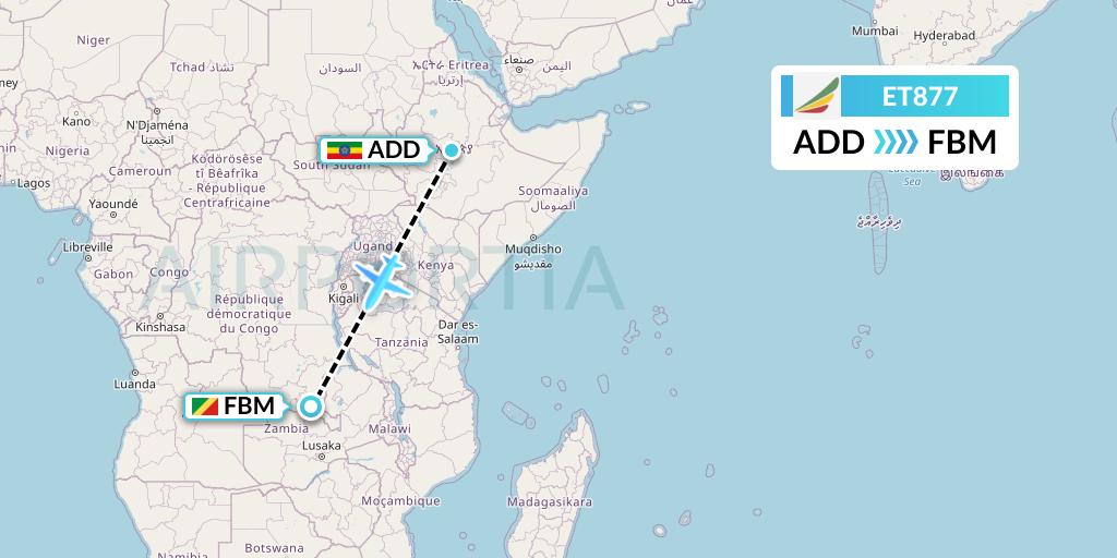 ET877 Ethiopian Airlines Flight Map: Addis Ababa to Lubumbashi