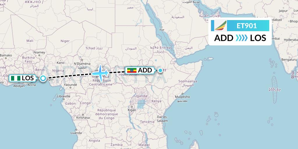 ET901 Ethiopian Airlines Flight Map: Addis Ababa to Lagos