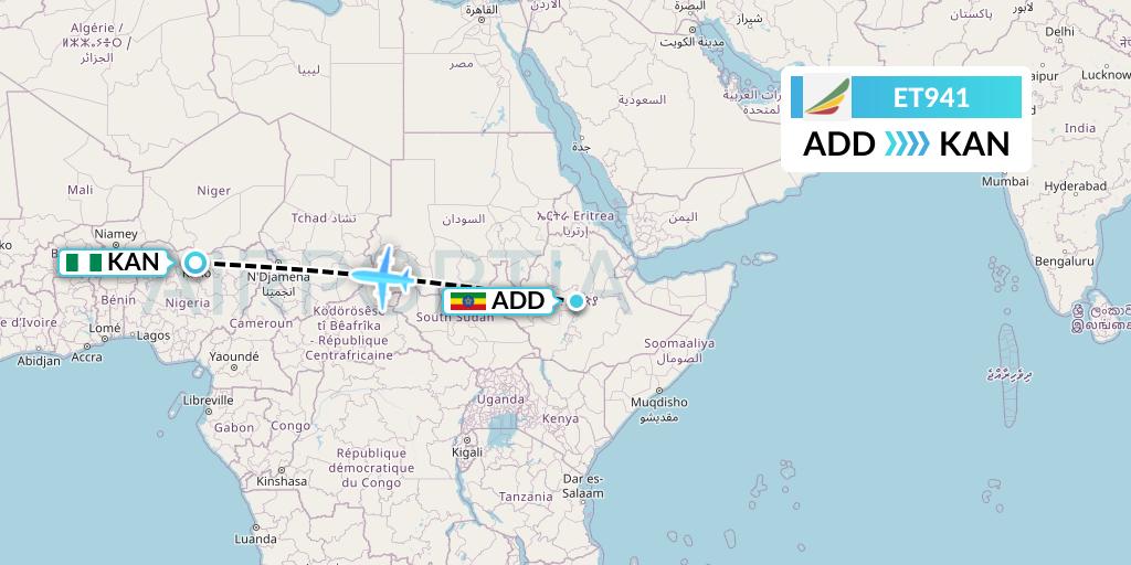 ET941 Ethiopian Airlines Flight Map: Addis Ababa to Kano