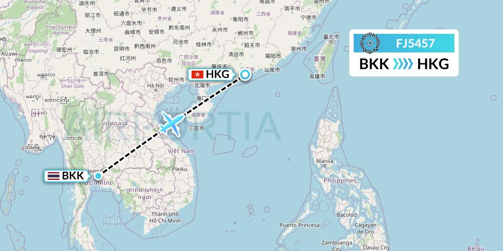 FJ5457 Fiji Airways Flight Map: Bangkok to Hong Kong