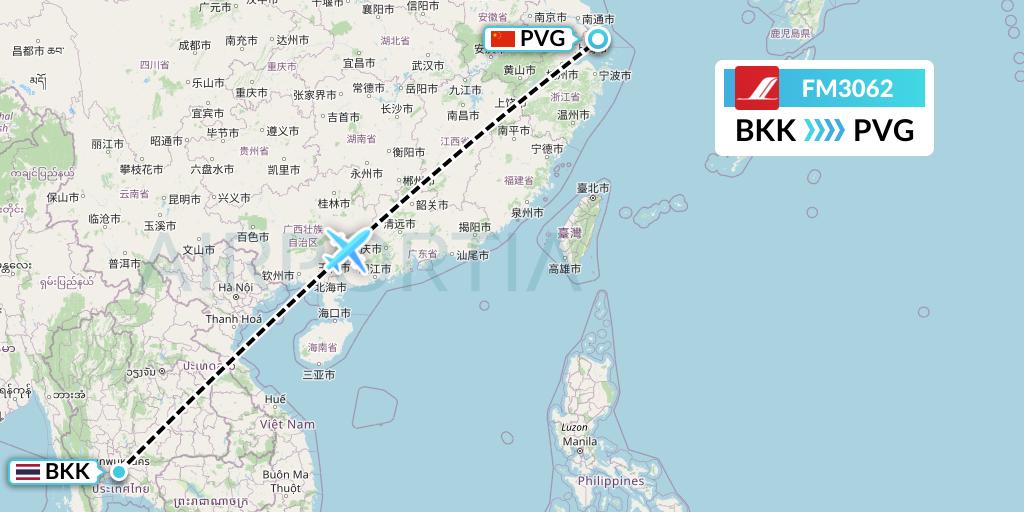 FM3062 Shanghai Airlines Flight Map: Bangkok to Shanghai