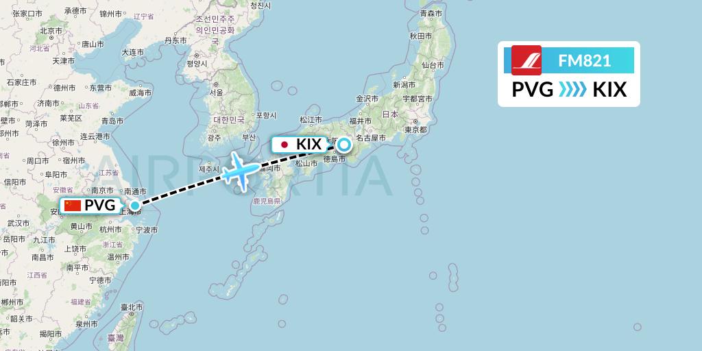 FM821 Shanghai Airlines Flight Map: Shanghai to Osaka