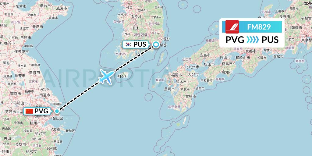 FM829 Shanghai Airlines Flight Map: Shanghai to Busan