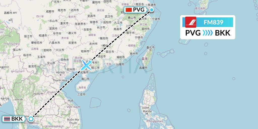 FM839 Shanghai Airlines Flight Map: Shanghai to Bangkok