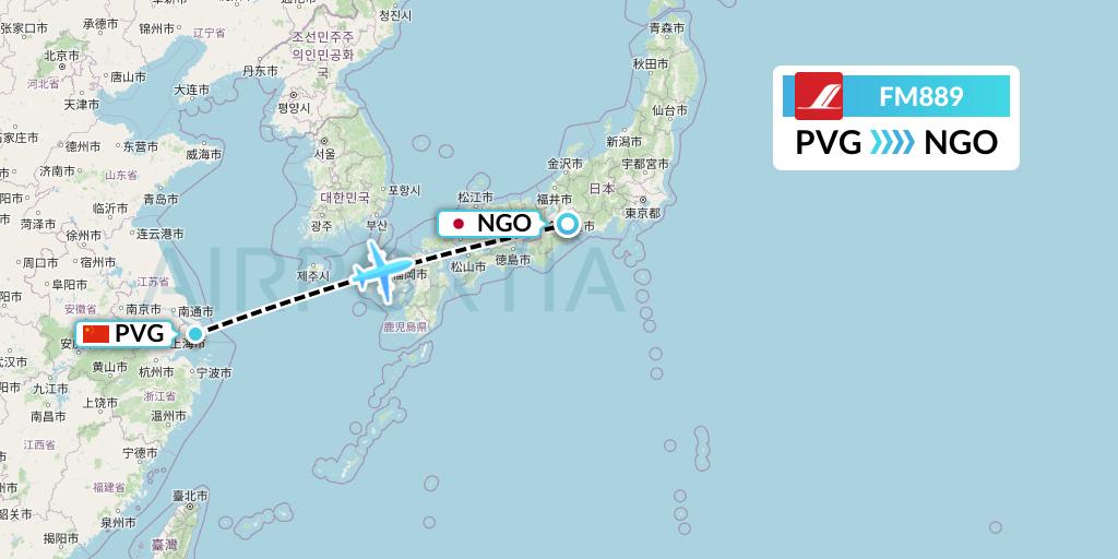 FM889 Shanghai Airlines Flight Map: Shanghai to Nagoya