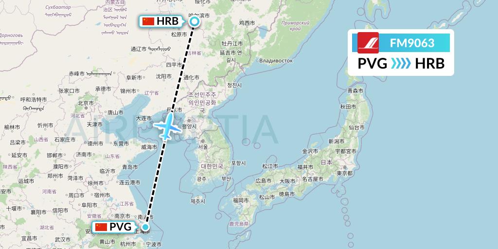 FM9063 Shanghai Airlines Flight Map: Shanghai to Harbin