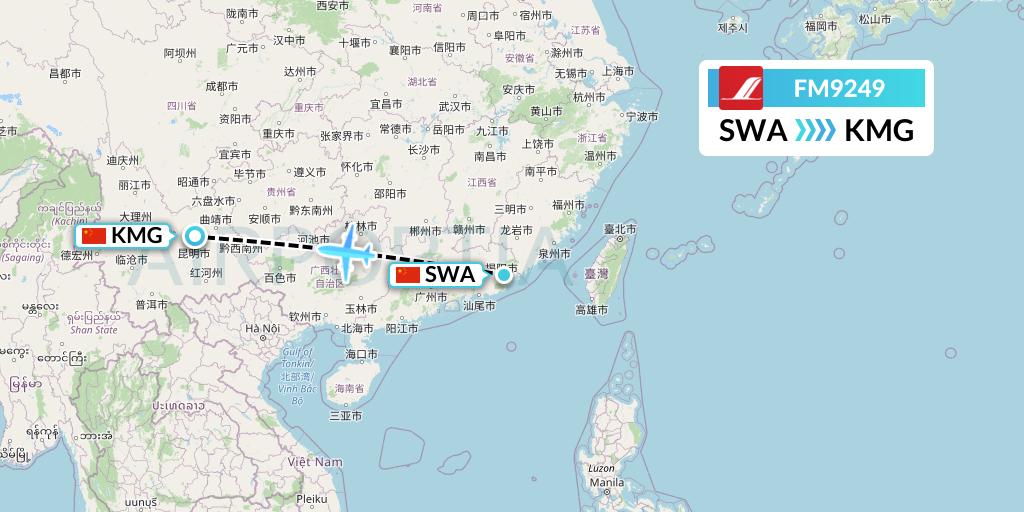 FM9249 Shanghai Airlines Flight Map: Jieyang to Kunming